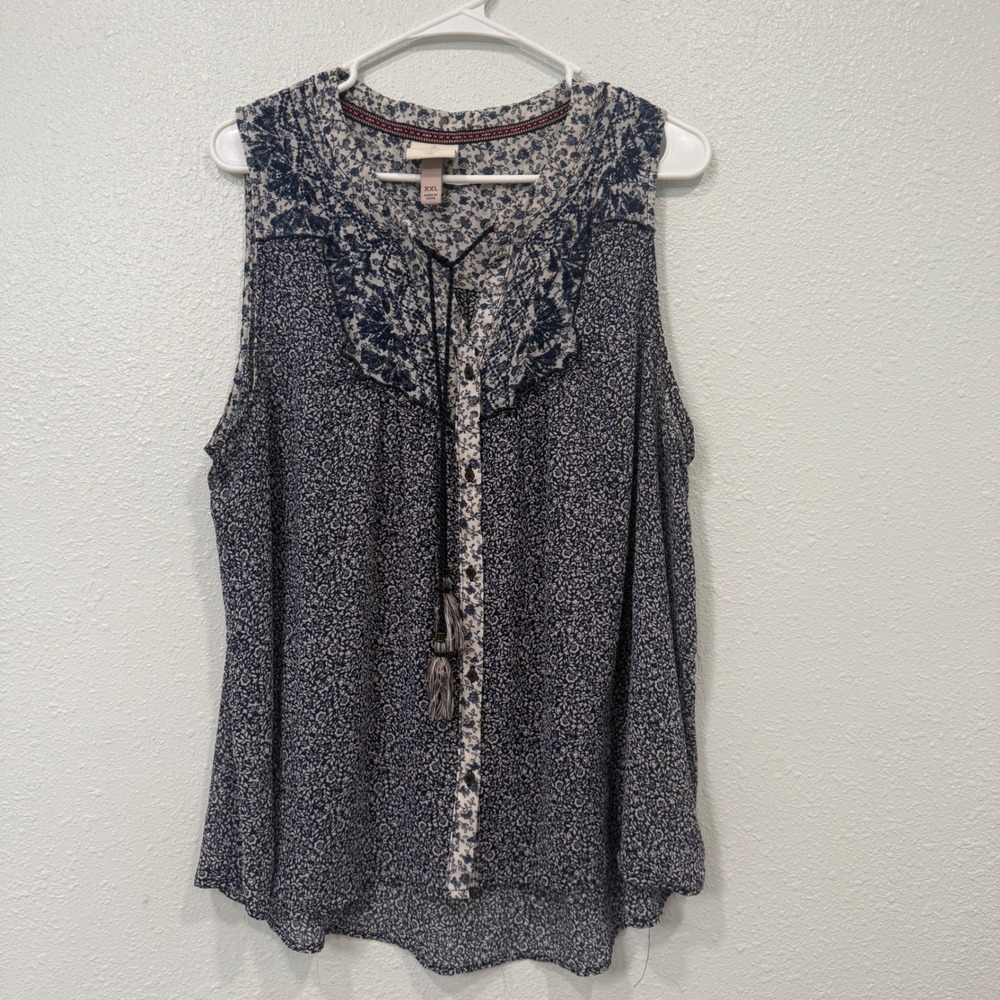 Knox Rose Womens XXL Blue Floral Sleeveless Tassel Tie Boho Blouse Top